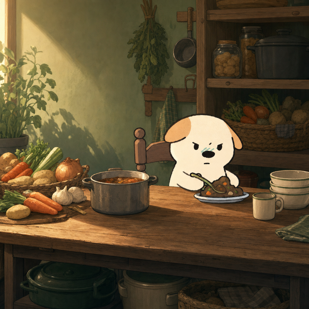 Stewbie at a sunlit rustic kitchen table with a pot of stew, baskets of carrots, potatoes and onions, and a stack of bowls